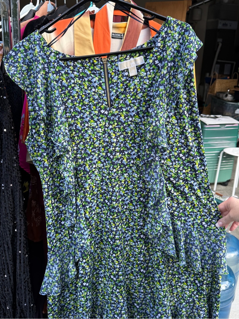 Michael Kors Navy Floral Print Dress with Green Accents